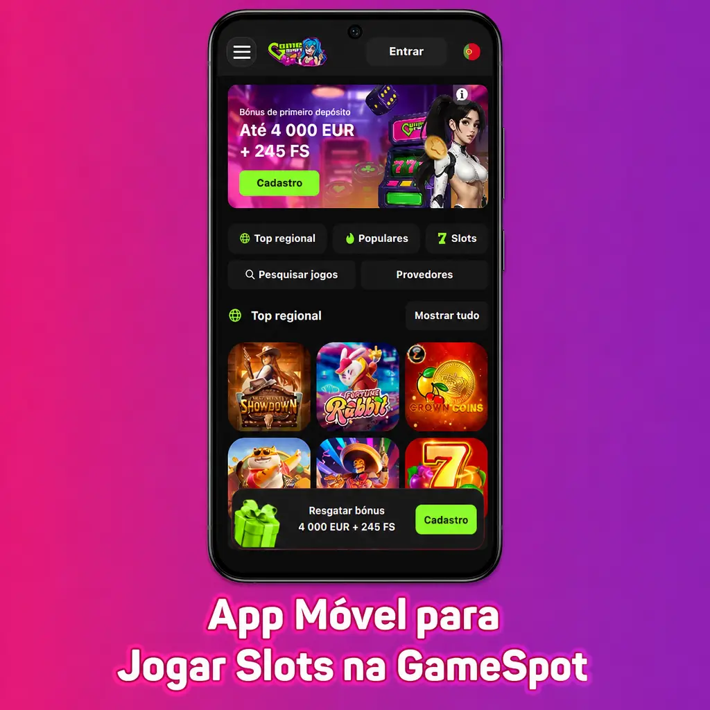 App móvel GameSpot para jogar slots no telemóvel com interface táctil, disponível em Android, iOS e browser PWA