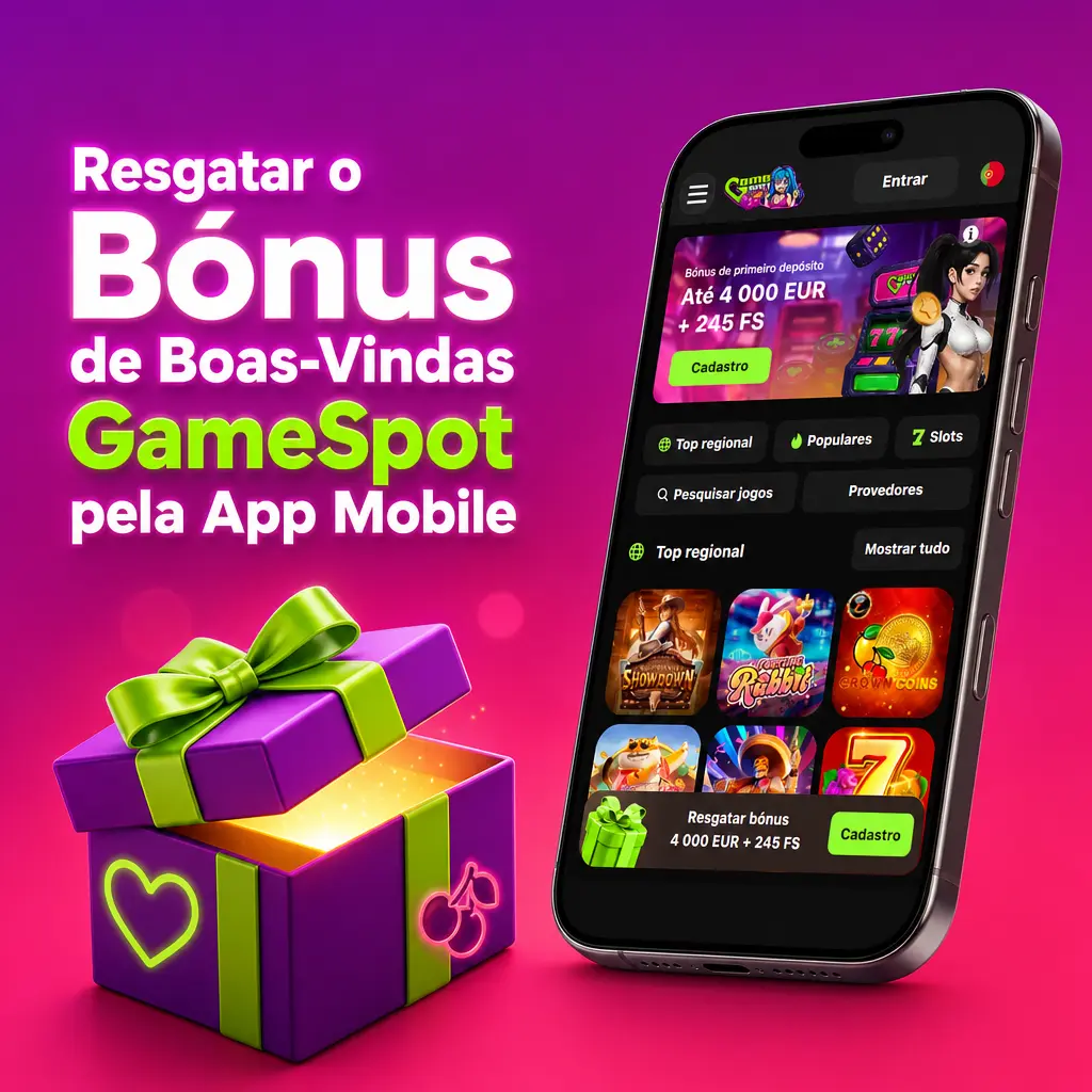 App mobile GameSpot aberta num smartphone Android mostrando o processo de registo e ativação do bónus de boas-vindas